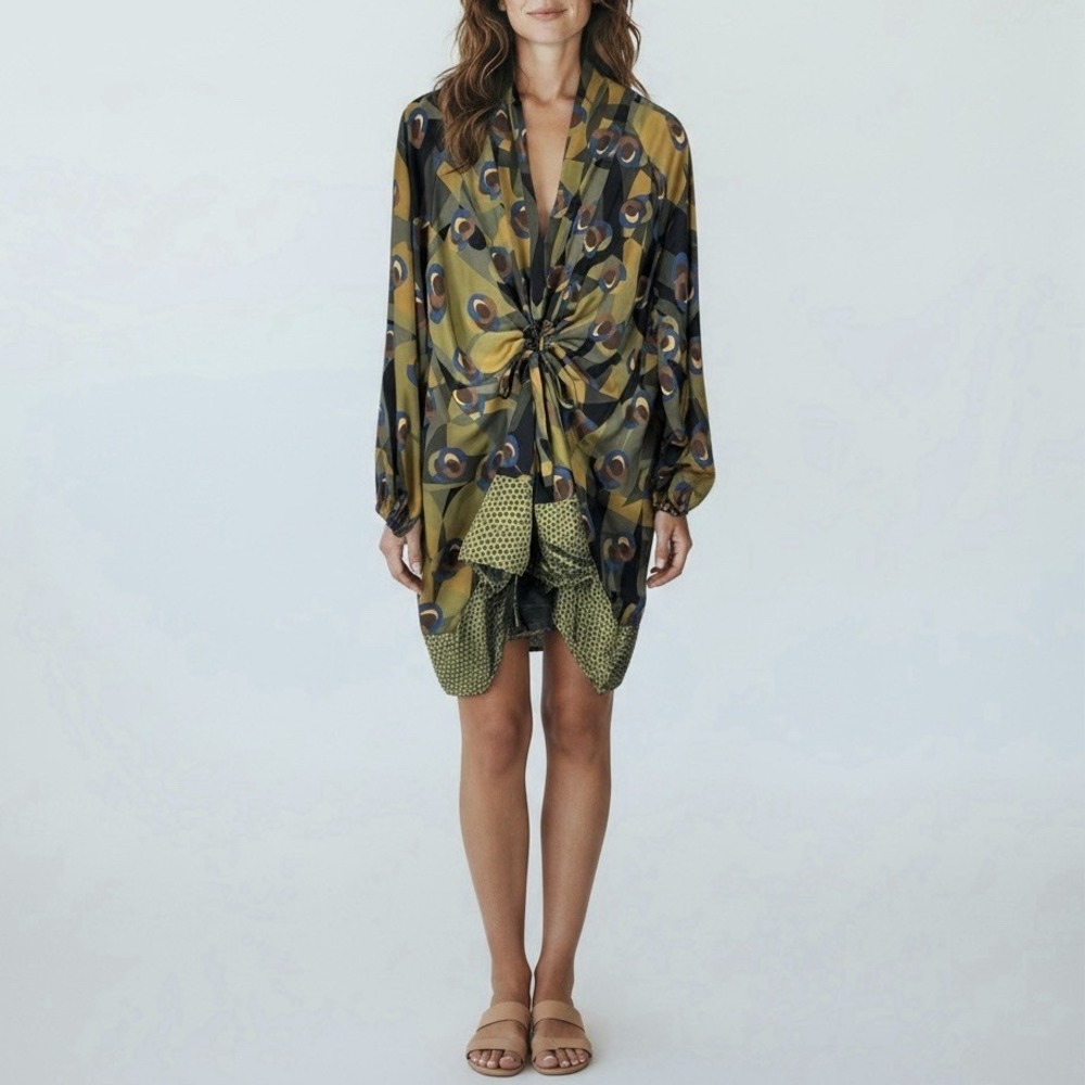 Alembika Satin Abstract Geometric Tunic Top Blouse Dress Sz S Lagenlook Boho - Picture 2 of 7